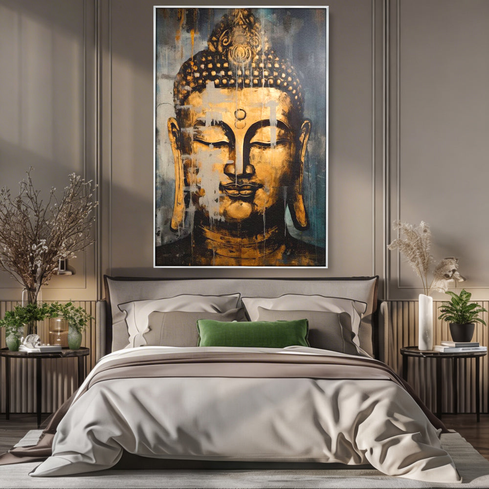 Tablou canvas cu tablou canvas cu chipul lui buddha, in rama de aluminiu argintiu, pe perete intr-un dormitor